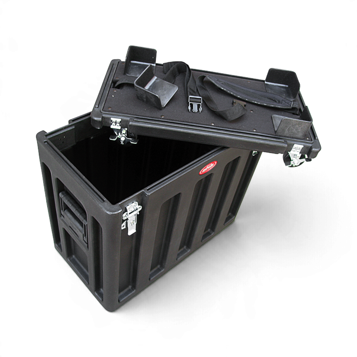 SKB Cases 1x12 Amp Utility Vehicle with rugged black hardshell case, adjustable corner cleats, and cinch belt system.