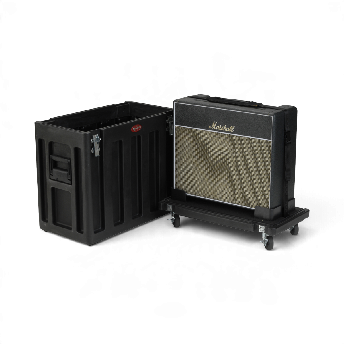SKB Cases 1x12 amp utility vehicle with a black guitar amplifier secured on a rolling board with corner cleats
