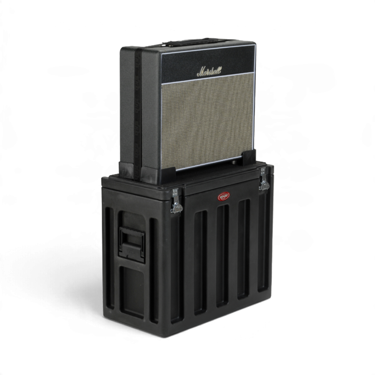 SKB Cases 1x12 amp utility vehicle with a black guitar amplifier secured on top for elevated sound projection