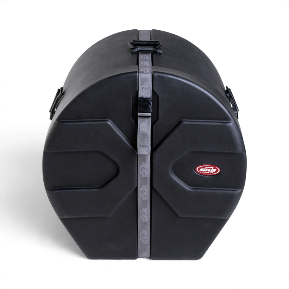 SKB Cases 20x20 roto-molded black bass drum case with D-shaped design, Roto-X pattern, and secure buckle strap.