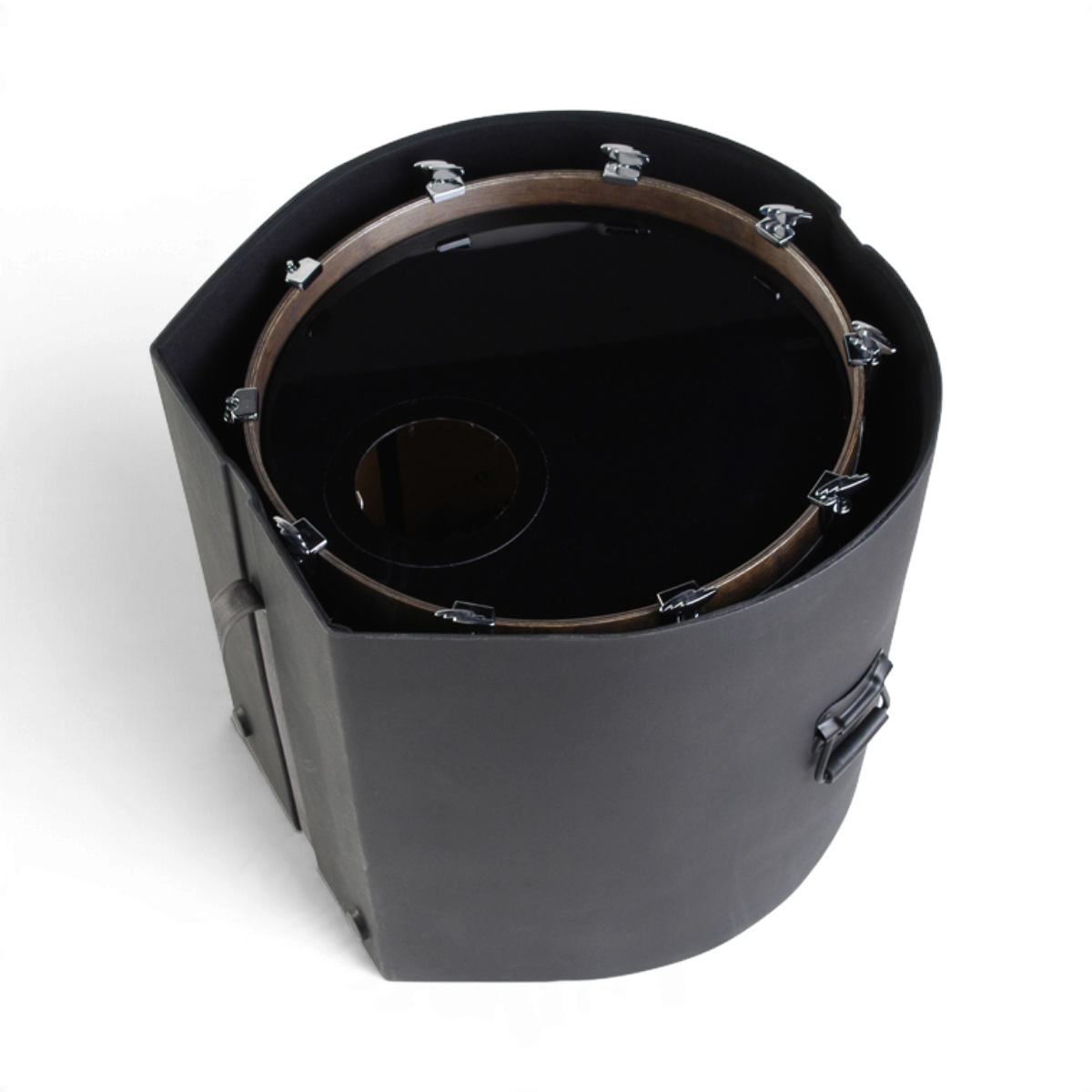 SKB Cases 20 x 20 roto-molded black D-shaped bass drum case with padded interior and sure grip handles.