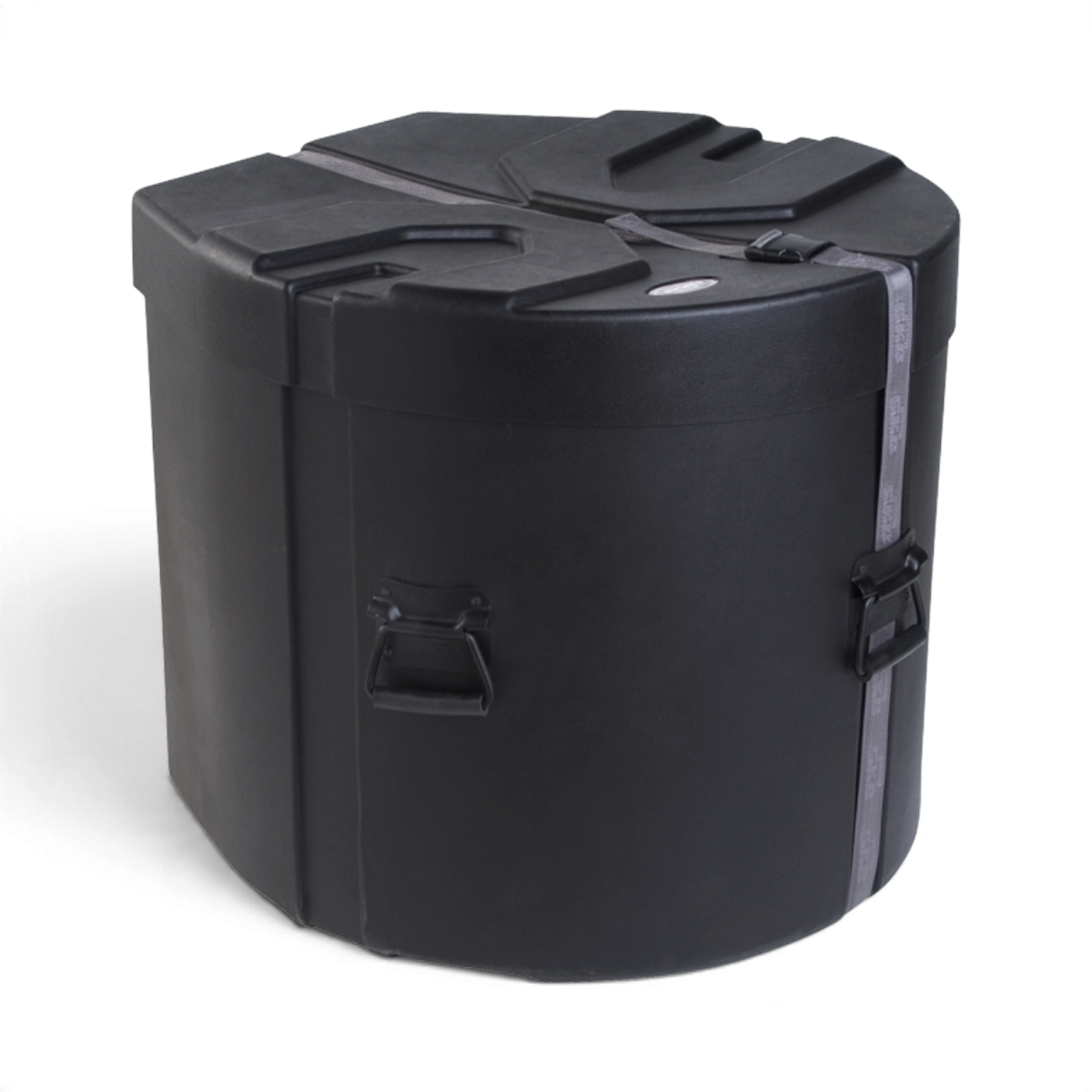 SKB Cases 20 x 22 roto-molded black bass drum case with D-shaped design, stacking pattern, and secure strap closure.
