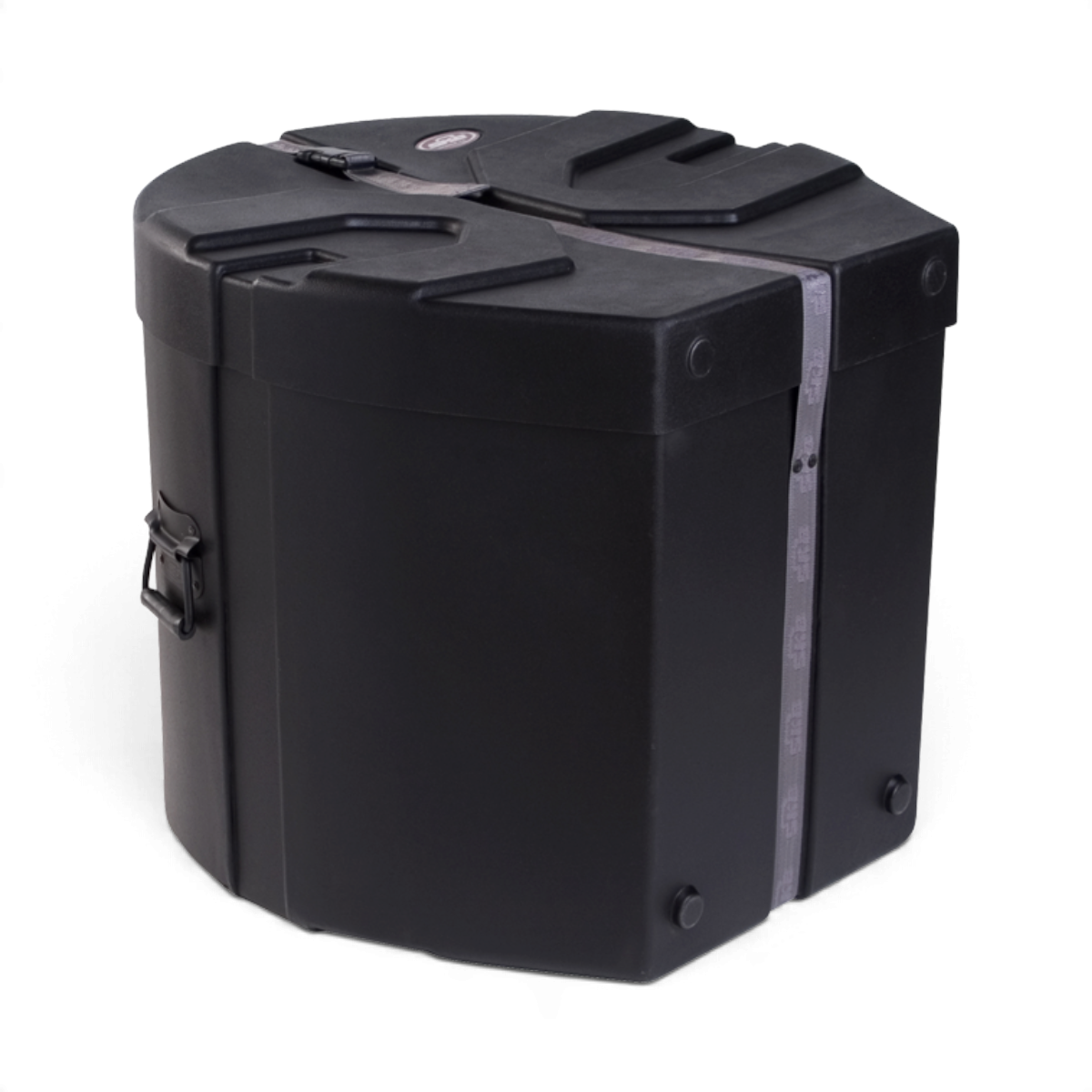 SKB Cases 20 x 22 roto-molded black drum case with D-shaped design, molded feet, and secure strap closure.