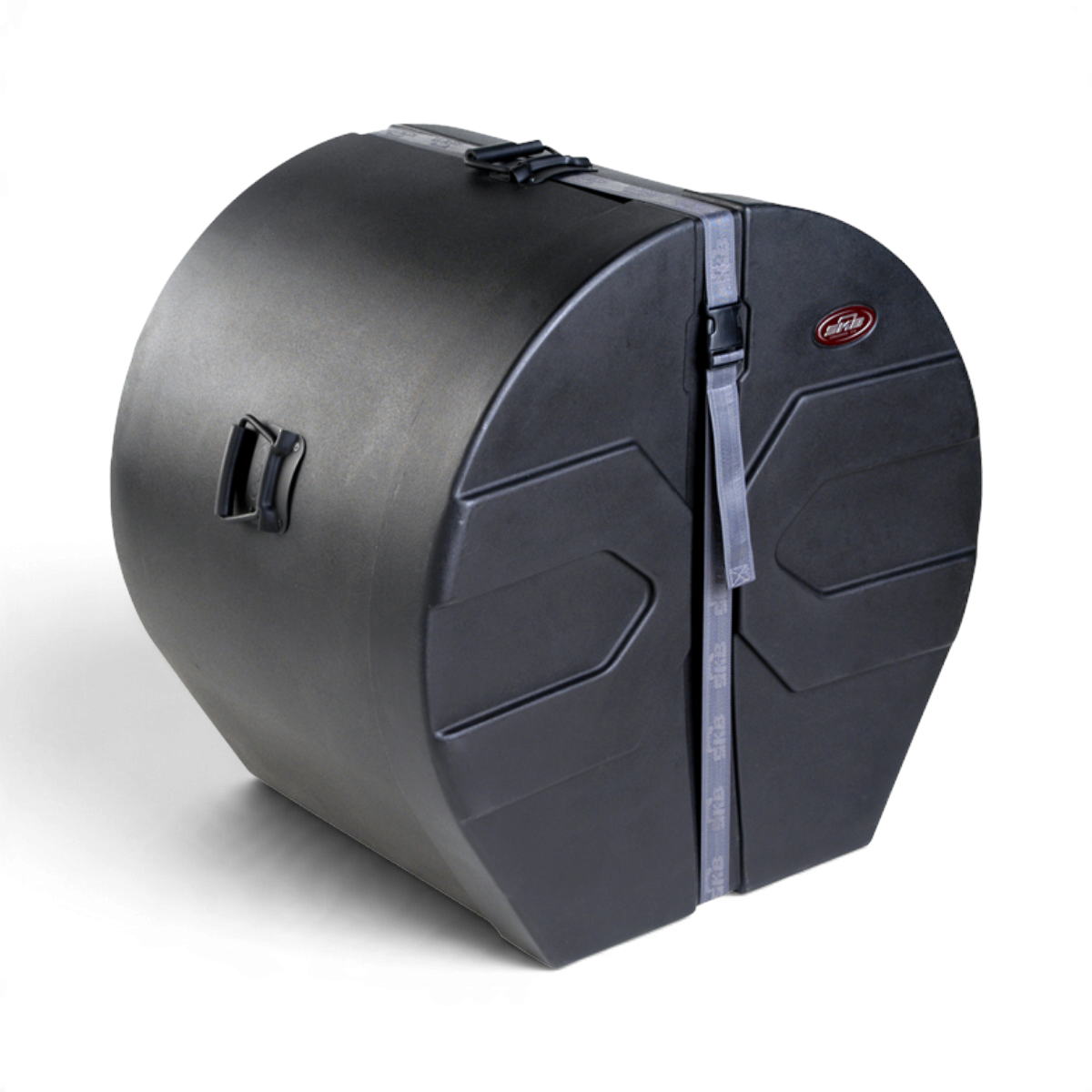 SKB Cases 20 x 22 roto-molded black bass drum case with D-shaped design, Roto-X pattern, and secure strap closure.