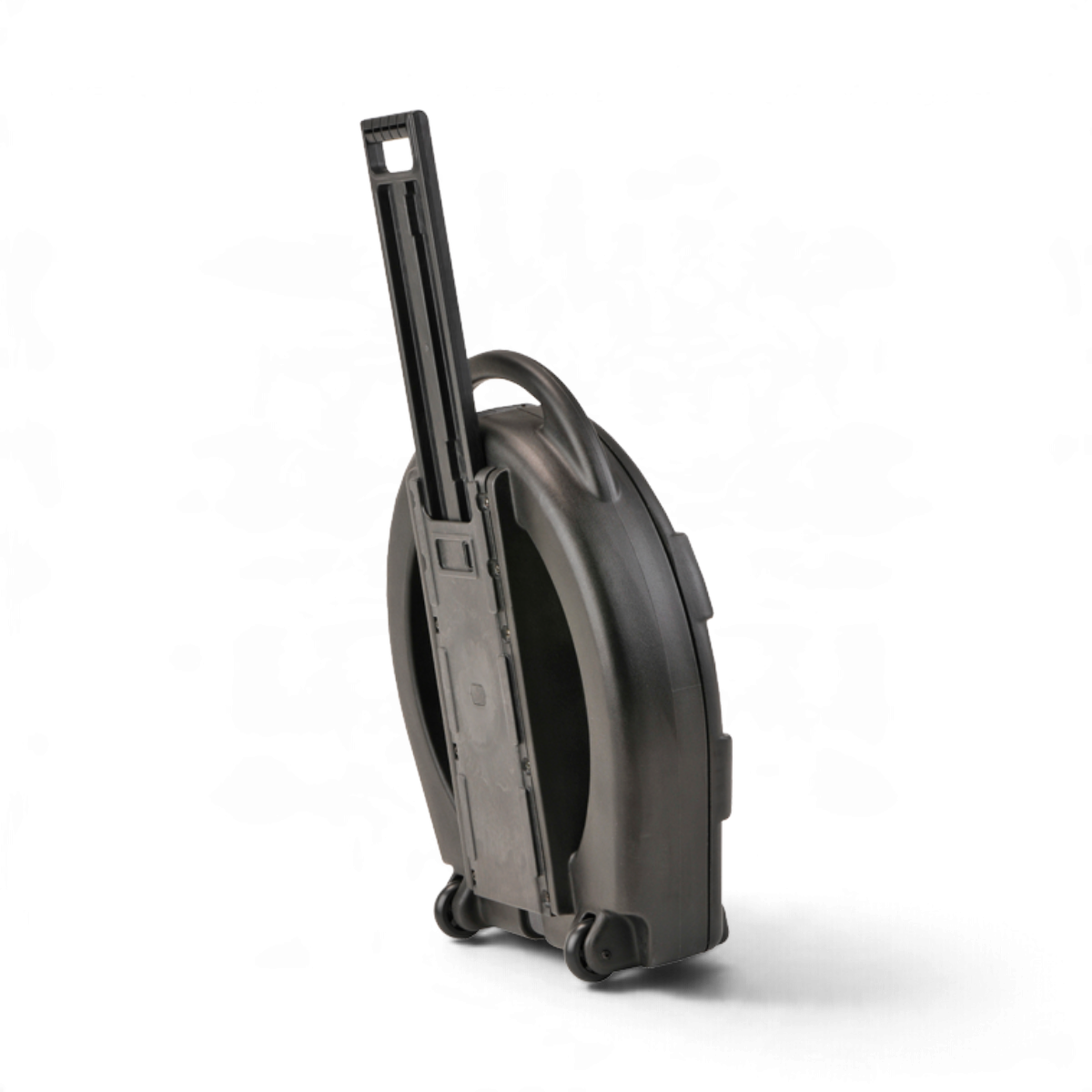 SKB Cases 22-inch rolling cymbal vault in black polyethylene with extendable handle and in-line skate wheels.