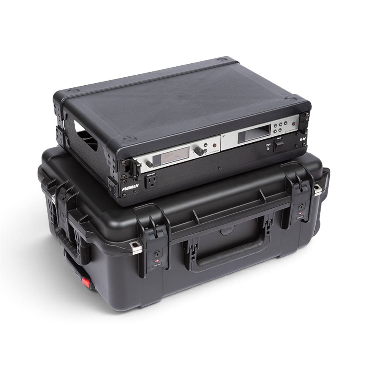 SKB Cases 2U iSeries injection molded waterproof fly rack with removable equipment frame and TSA-approved latches