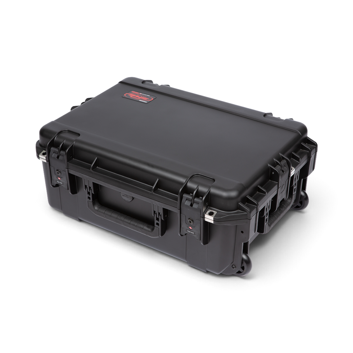 SKB Cases 2U iSeries injection molded waterproof fly rack in black with TSA-approved latches and in-line wheels.