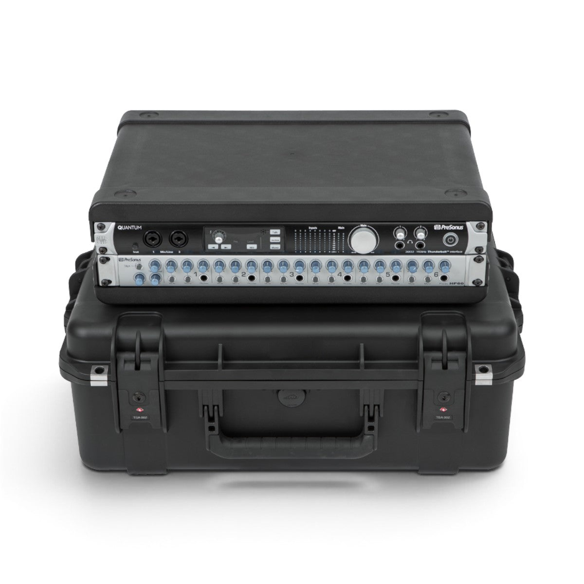 SKB Cases 2U iSeries injection molded fly rack with a mounted PreSonus audio interface in a black waterproof case.