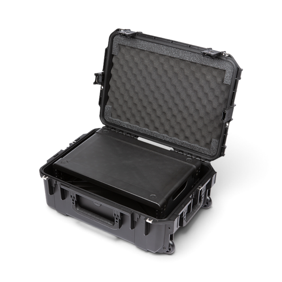 SKB Cases 2U iSeries injection molded fly rack with black waterproof exterior, internal rack frame, and foam lining.