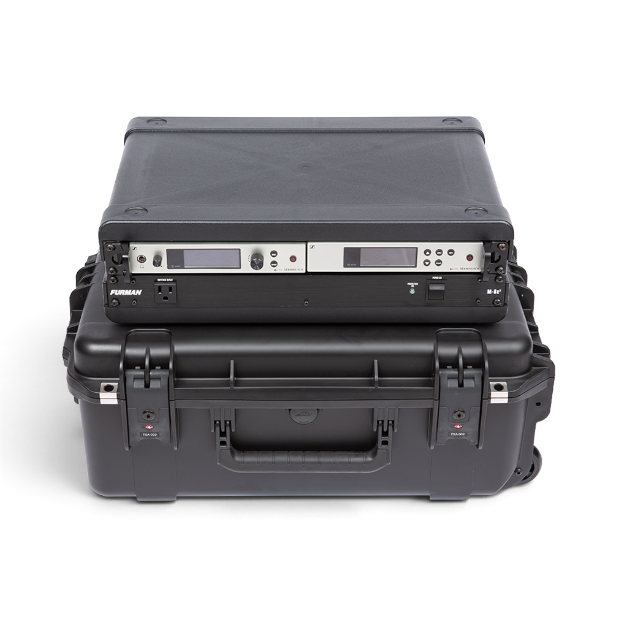 SKB Cases 2U iSeries injection molded waterproof fly rack with removable rack frame and TSA-approved locking latches.