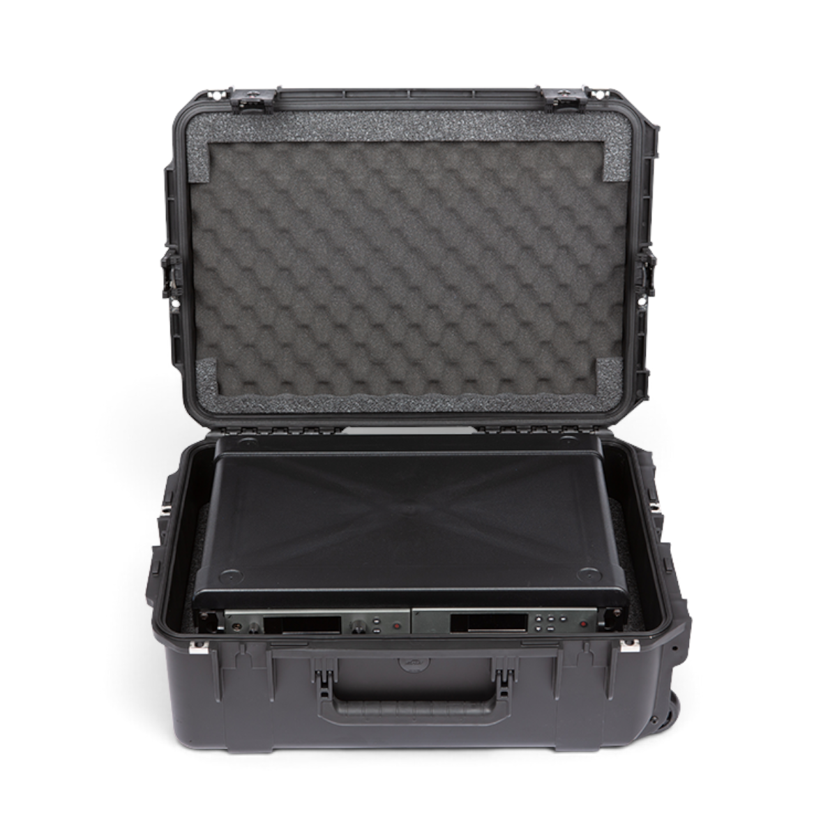 SKB Cases 2U iSeries injection molded fly rack with internal rack frame and protective foam lining in a black case.