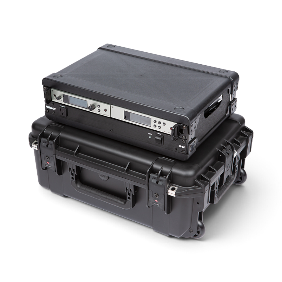 SKB Cases 2U iSeries injection molded fly rack with removable rack frame and electronic equipment on white background