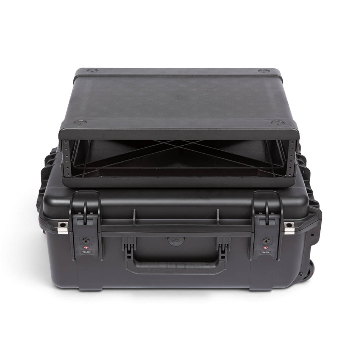 SKB Cases 2U iSeries injection molded fly rack with removable black rack frame and waterproof travel case