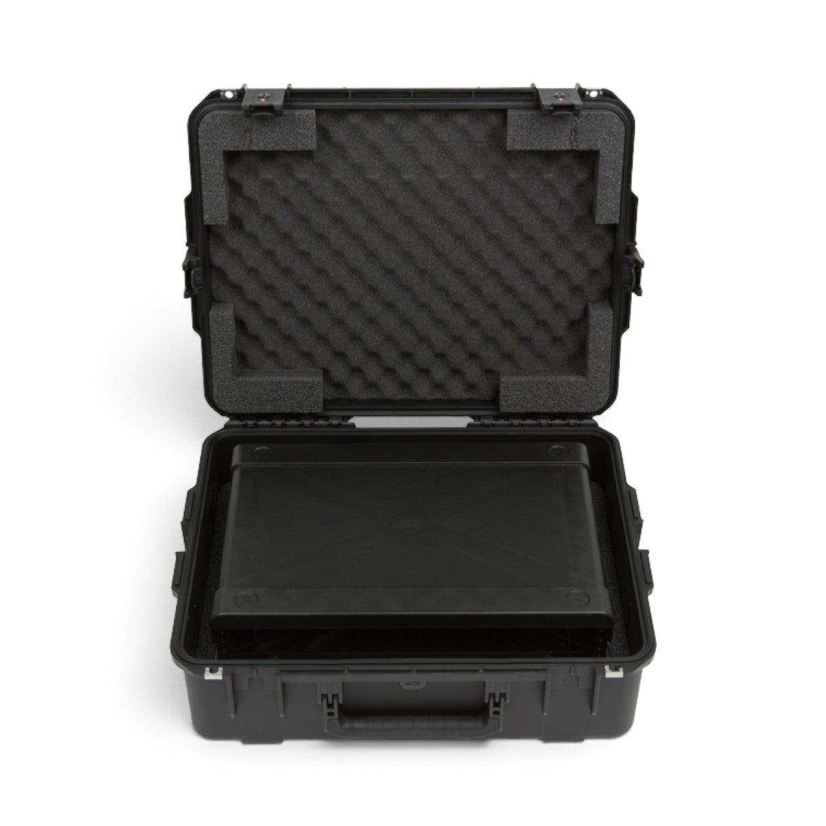 SKB Cases 2U iSeries injection molded fly rack with black waterproof exterior and protective interior foam lining.