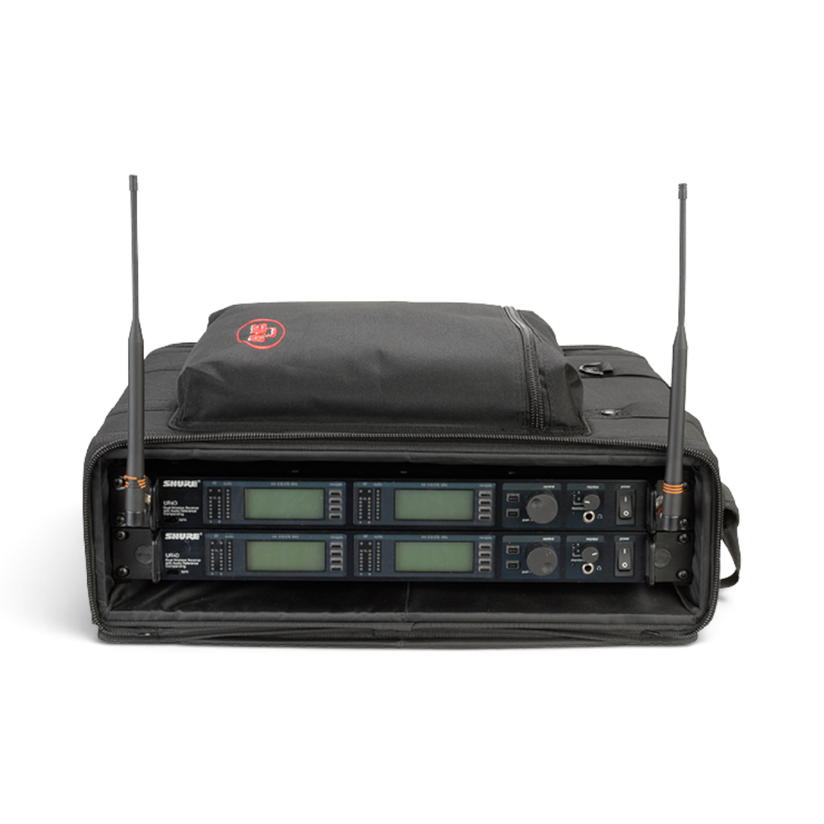 SKB Cases 2U soft rack bag with black nylon exterior, holding two wireless microphone receivers with antennas.