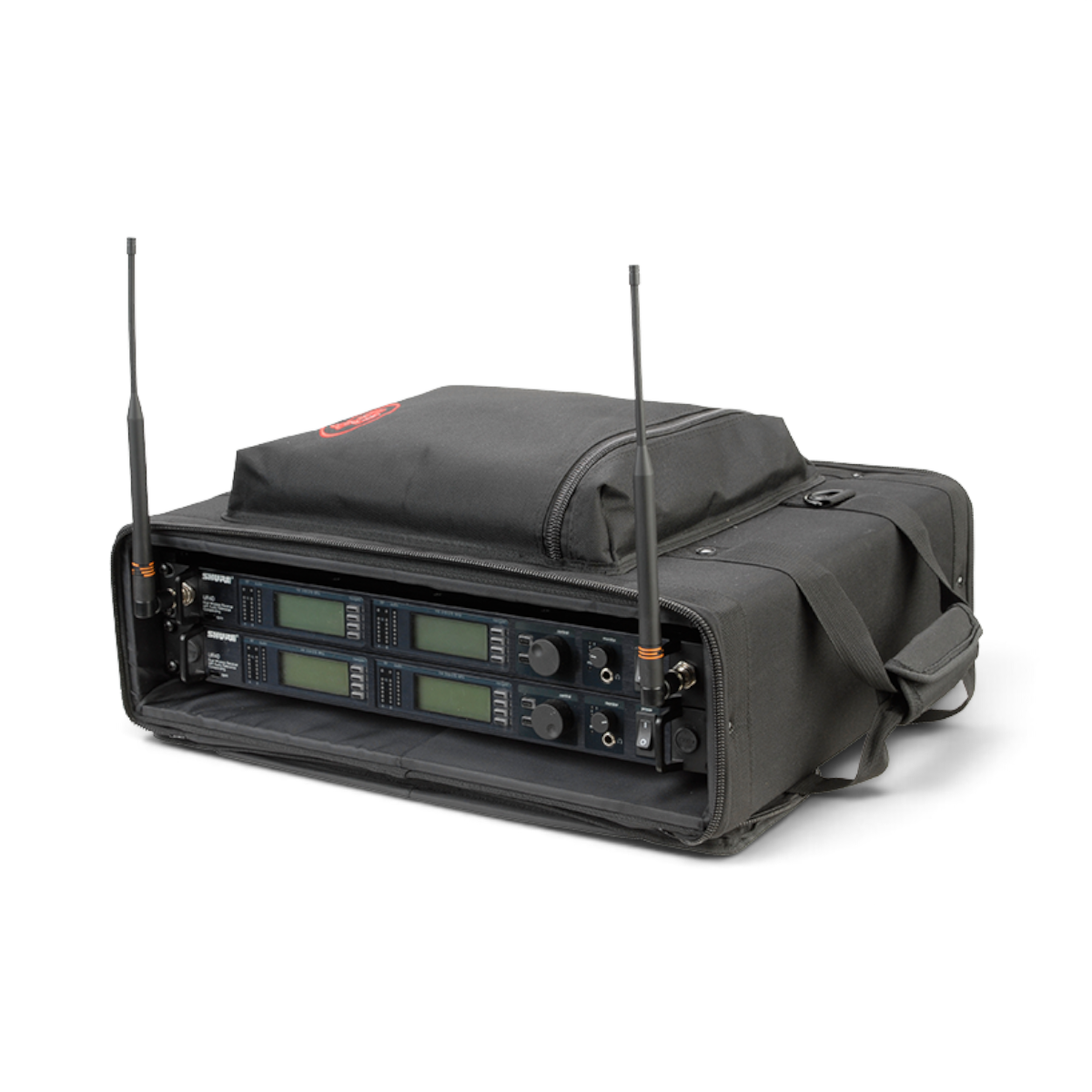 SKB Cases 2U soft rack bag with wireless microphone systems, featuring durable black nylon and external storage pouch.