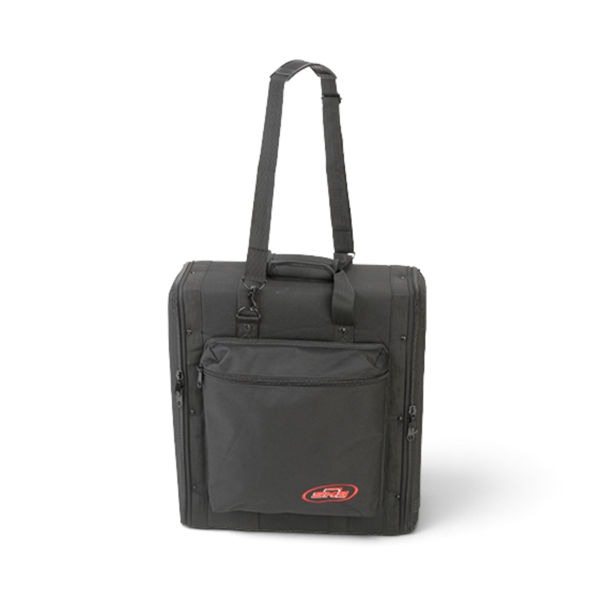 SKB Cases 2U soft rack bag in black nylon with shoulder strap, front storage pouch, and protective padded design.