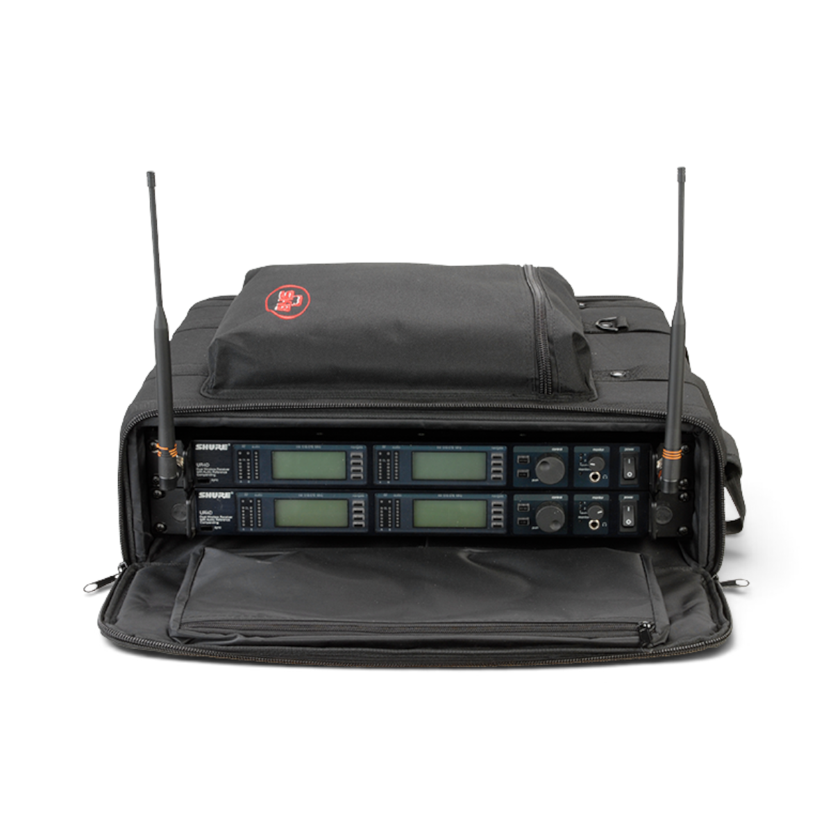 SKB Cases 2U soft rack bag in black nylon with wireless microphone systems installed and front flap open