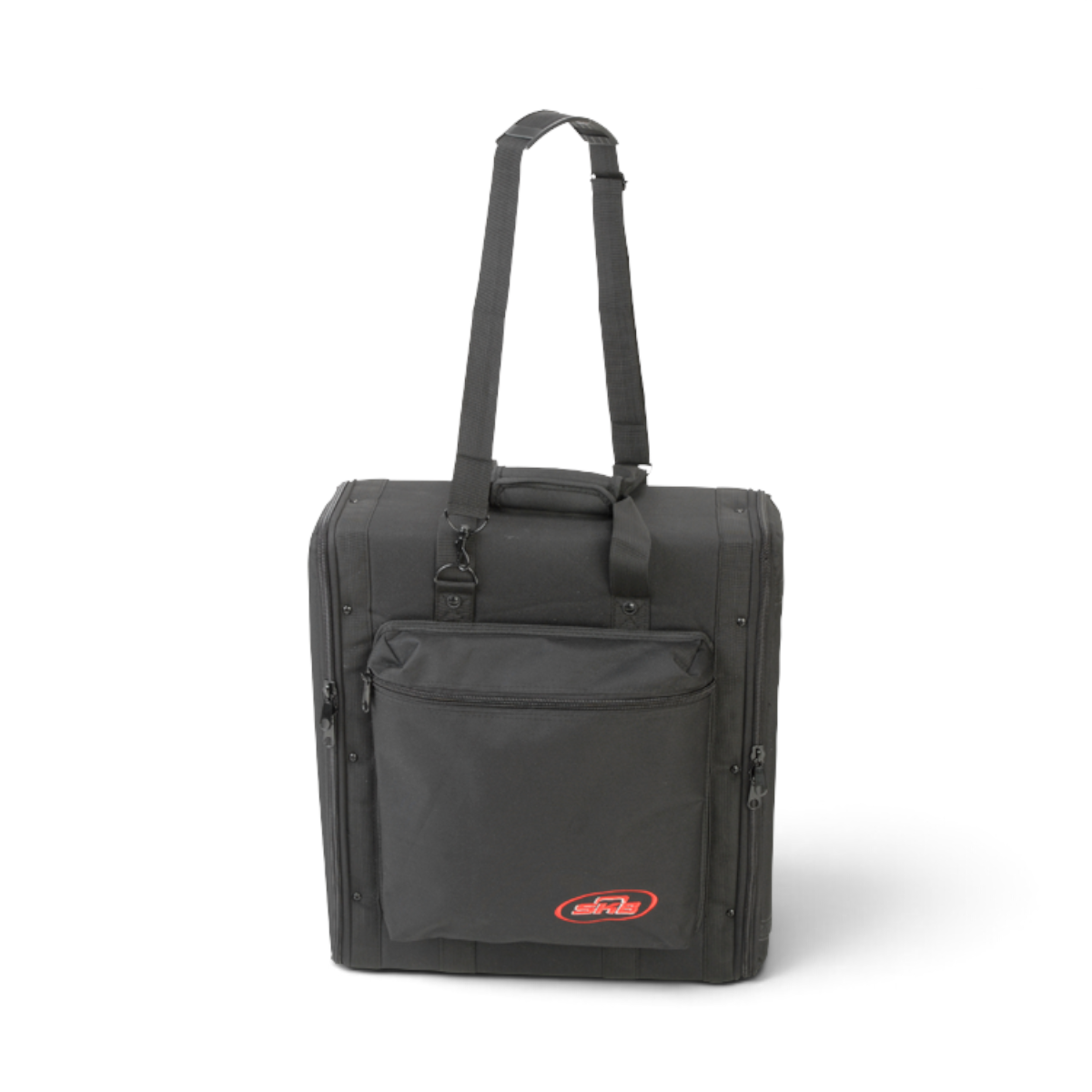 SKB Cases 2U soft rack bag in black nylon with shoulder strap, front storage pouch, and recessed steel rack rails.