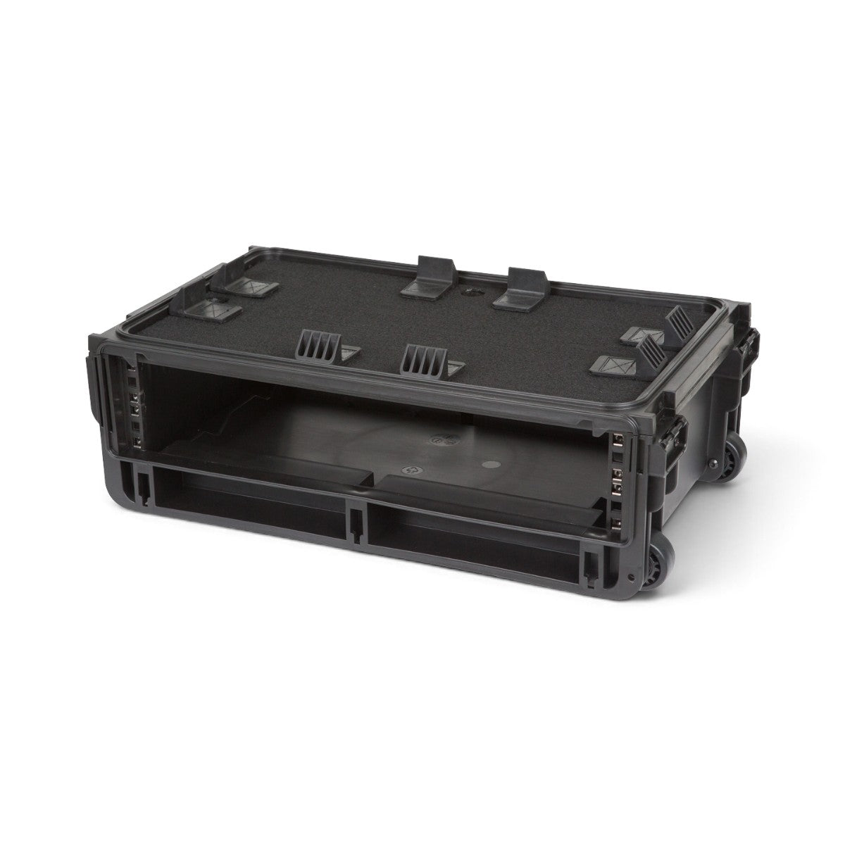 SKB Cases 2U Studio Flyer rack case with injection molded shell, quiet-glide wheels, and TSA-approved latches.