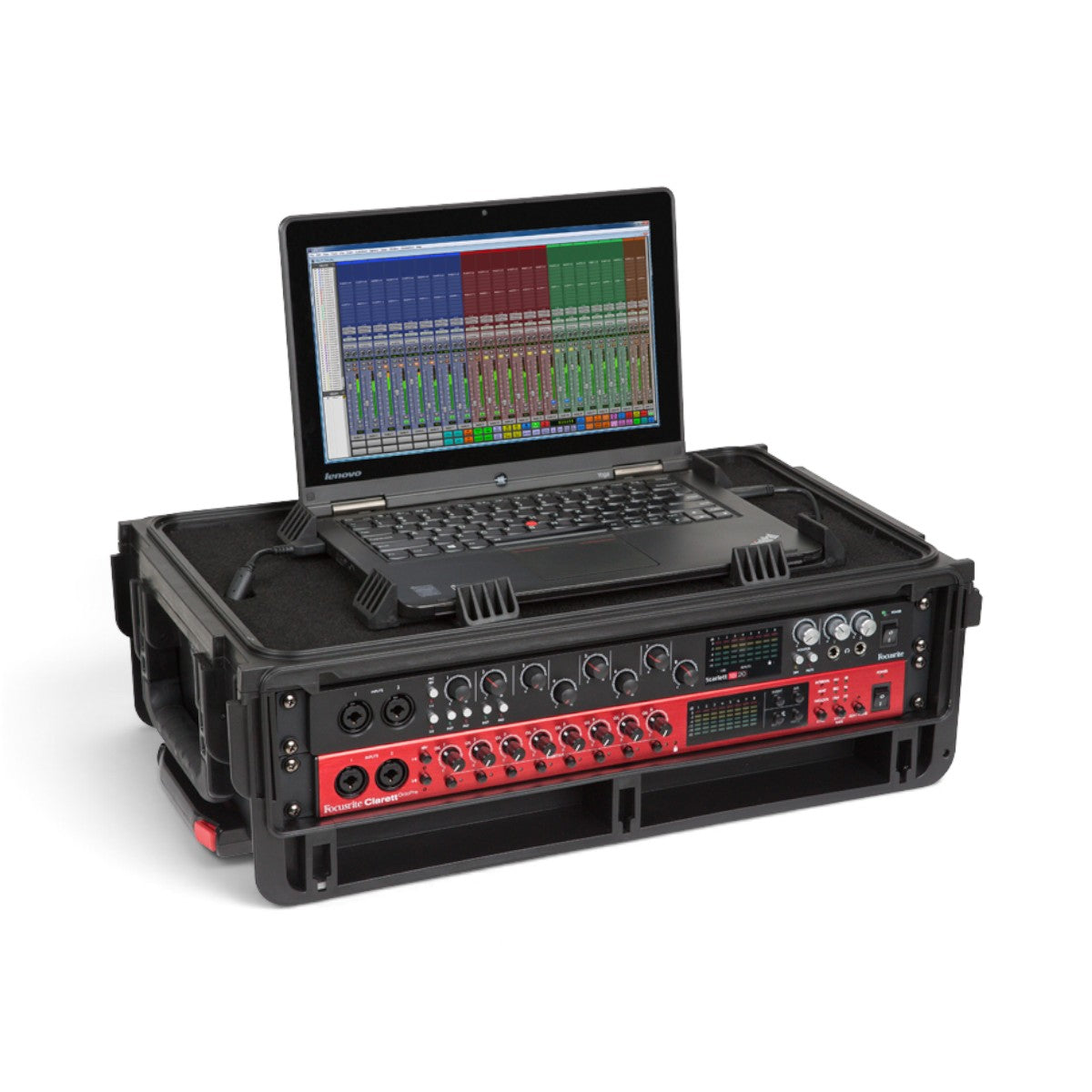 SKB Cases 2U Studio Flyer rack case with a laptop mounted on top and a red audio interface installed in the rack.