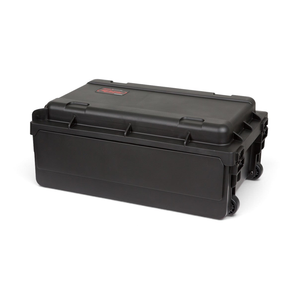 SKB Cases 2U Studio Flyer injection molded black rack case with quiet-glide wheels and TSA-approved locking latches.
