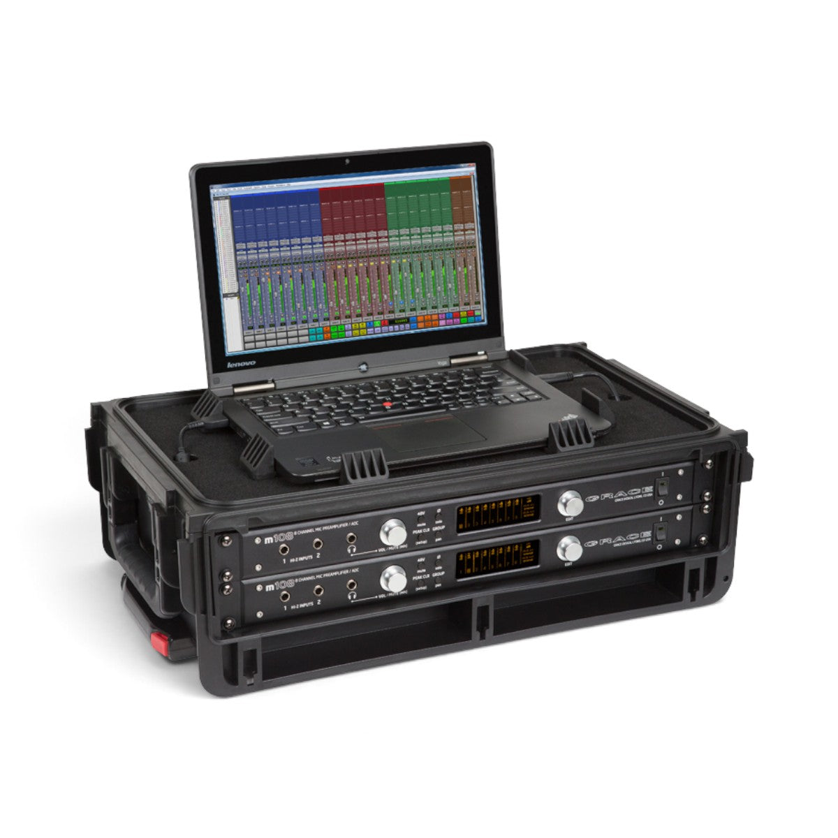 SKB Cases 2U Studio Flyer rack case with a laptop on the work surface and two rack-mounted preamps installed.