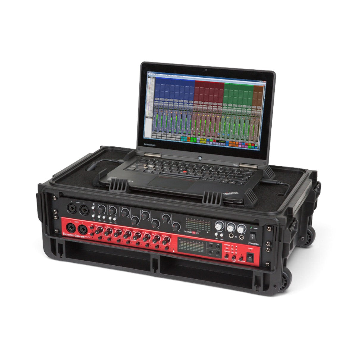 SKB Cases 2U Studio Flyer rack case with a laptop on the work surface and installed audio interface equipment