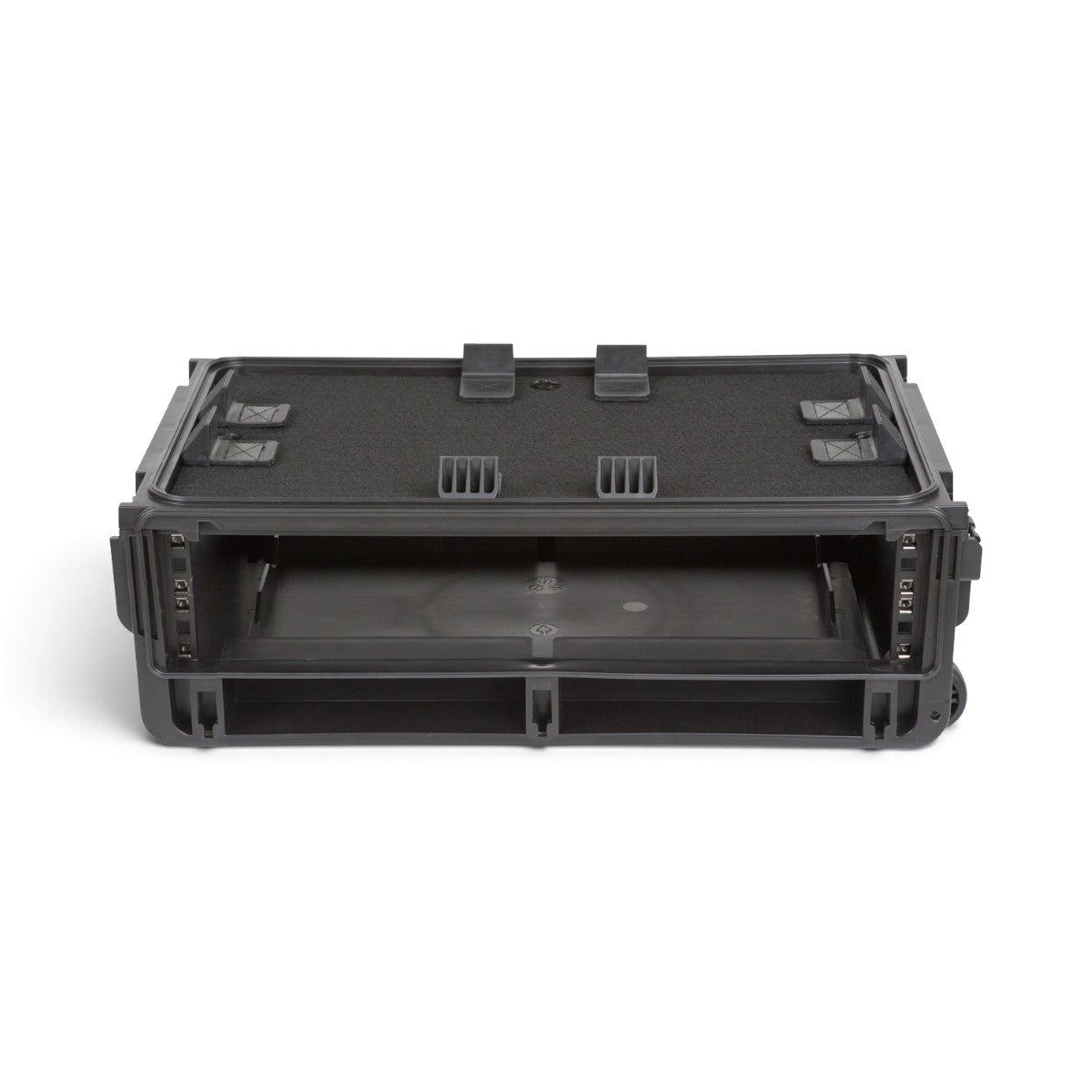 SKB Cases 2U Studio Flyer rack case with injection molded shell, front rack rails, and TSA-approved locking latches.
