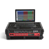 SKB Cases 2U Studio Flyer rack case with a laptop on the work surface and audio interface installed in the rack rails.