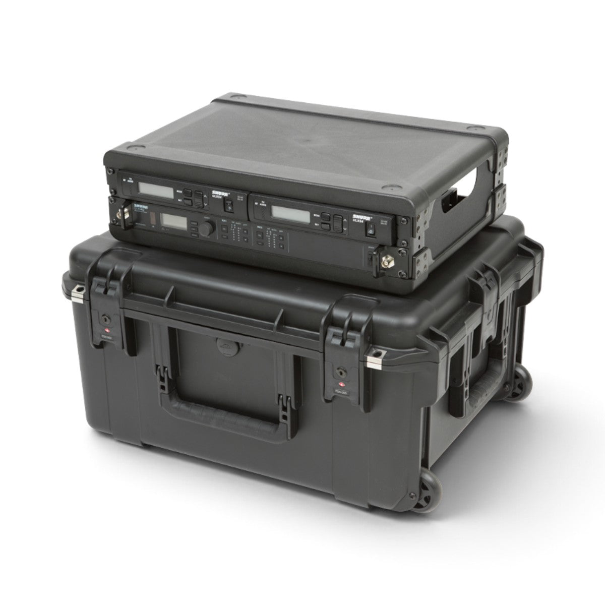 SKB Cases 2U iSeries wireless microphone fly rack with removable injection molded rack frame and black protective case.