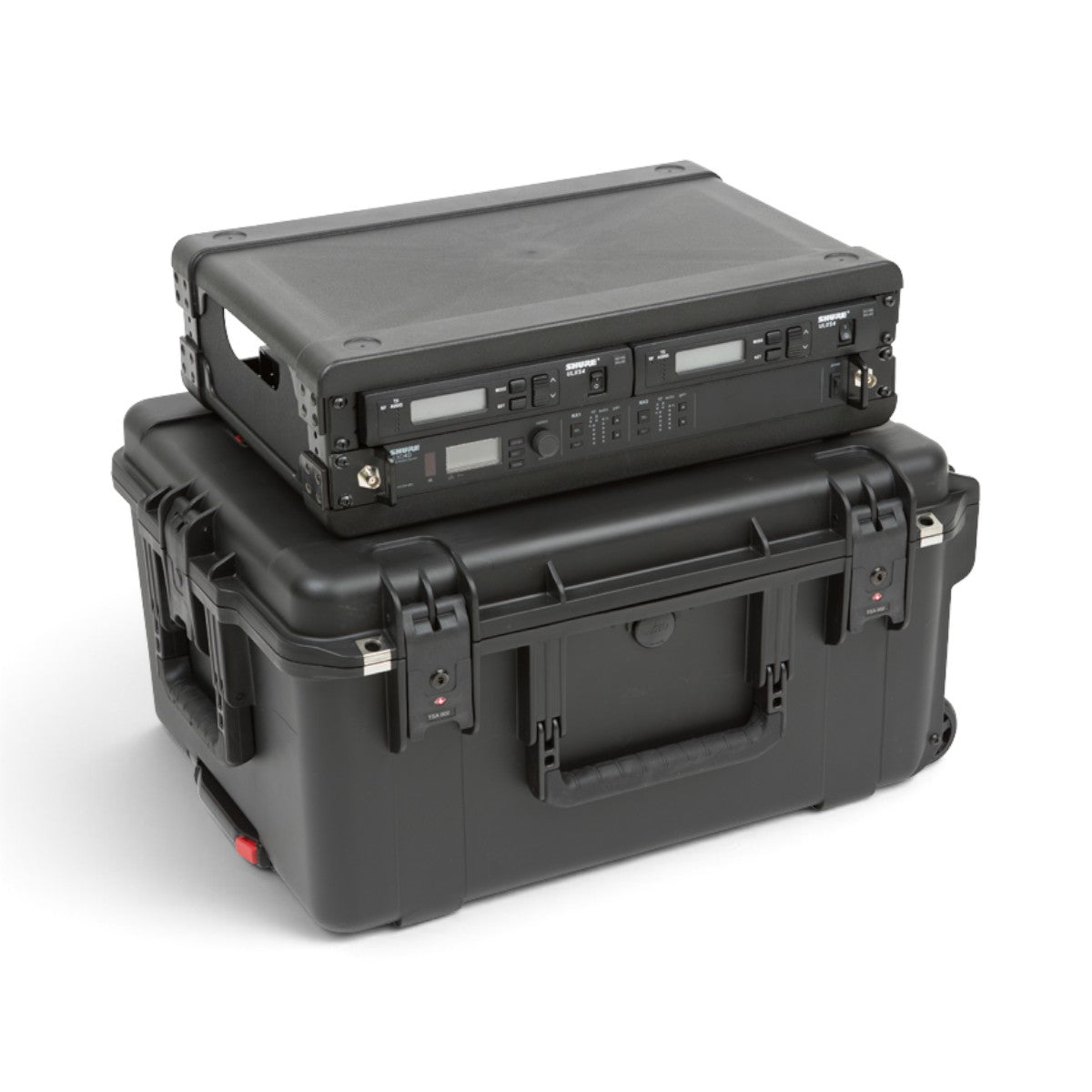 SKB Cases 2U iSeries wireless microphone fly rack with removable injection molded rack frame and TSA locking latches