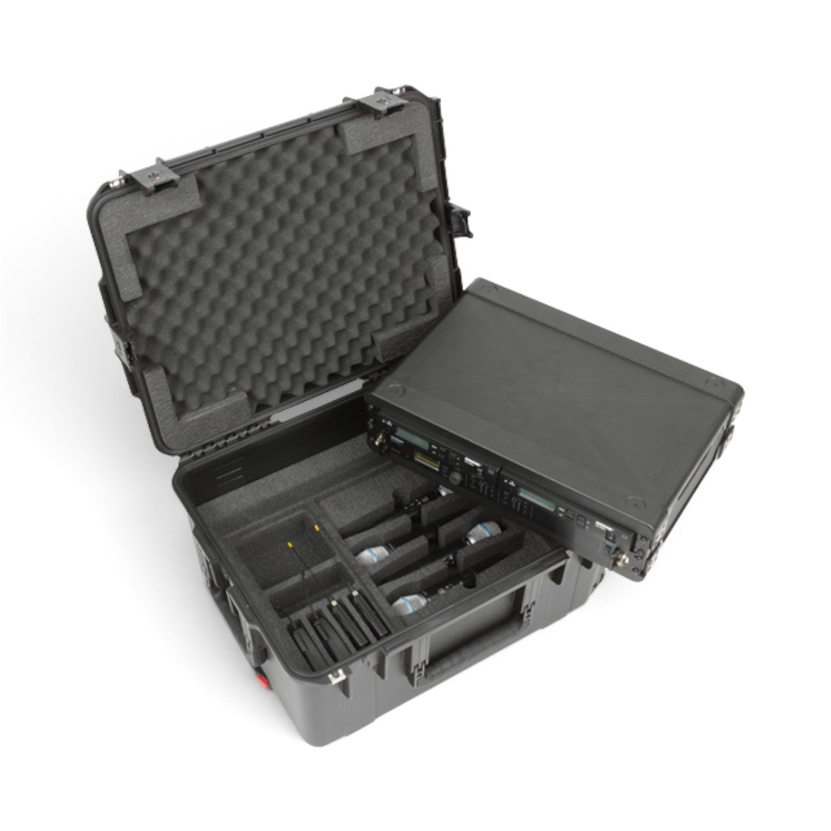 SKB Cases 2U iSeries wireless microphone fly rack with removable rack frame, foam inserts, and transmitter storage.