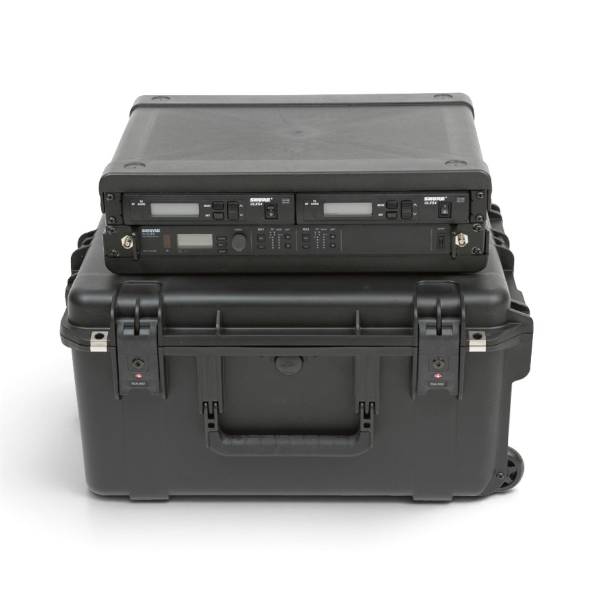 SKB Cases 2U iSeries wireless microphone fly rack with black injection molded case and removable rack frame