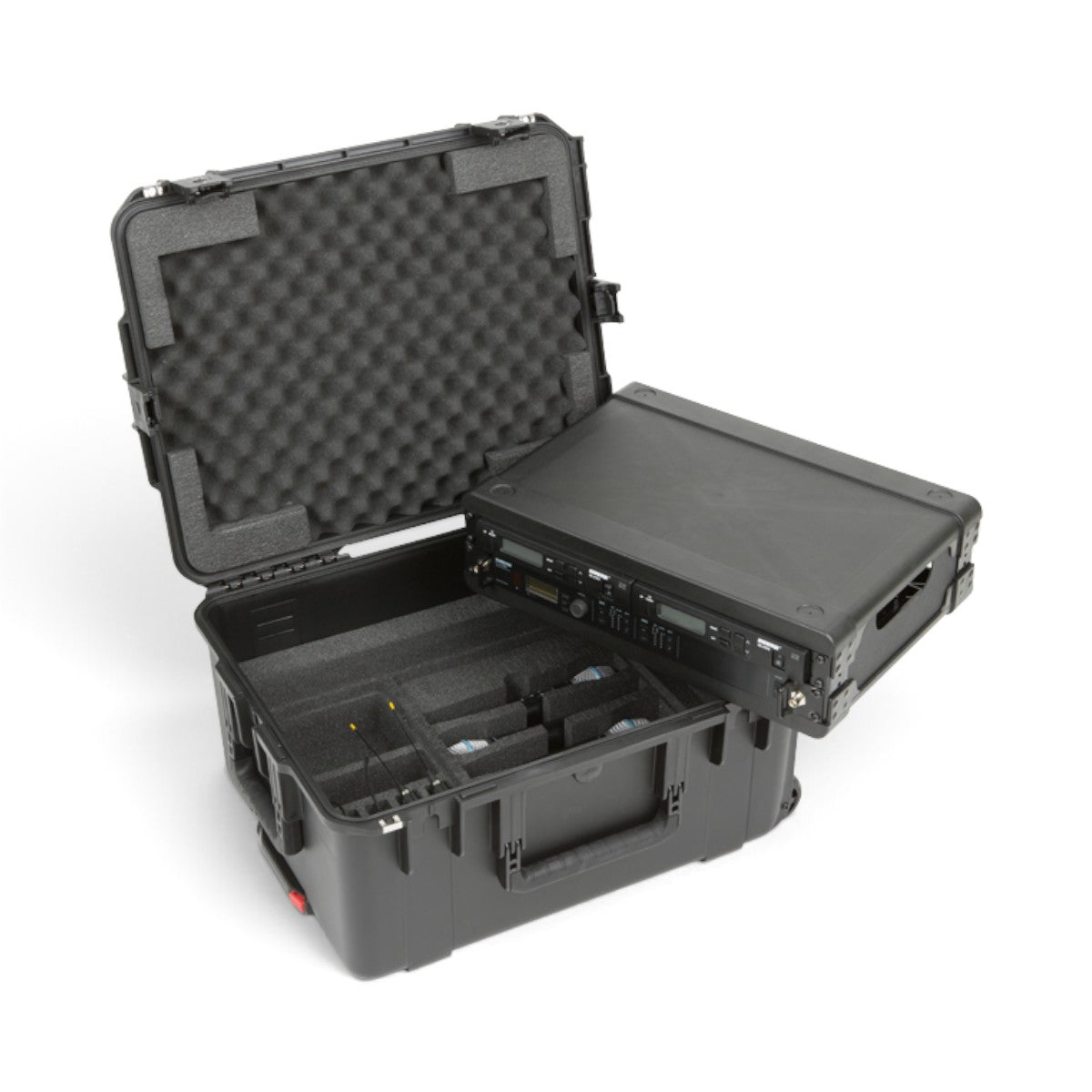 SKB Cases 2U iSeries wireless microphone fly rack with removable rack frame, foam interior, and protective hard shell.