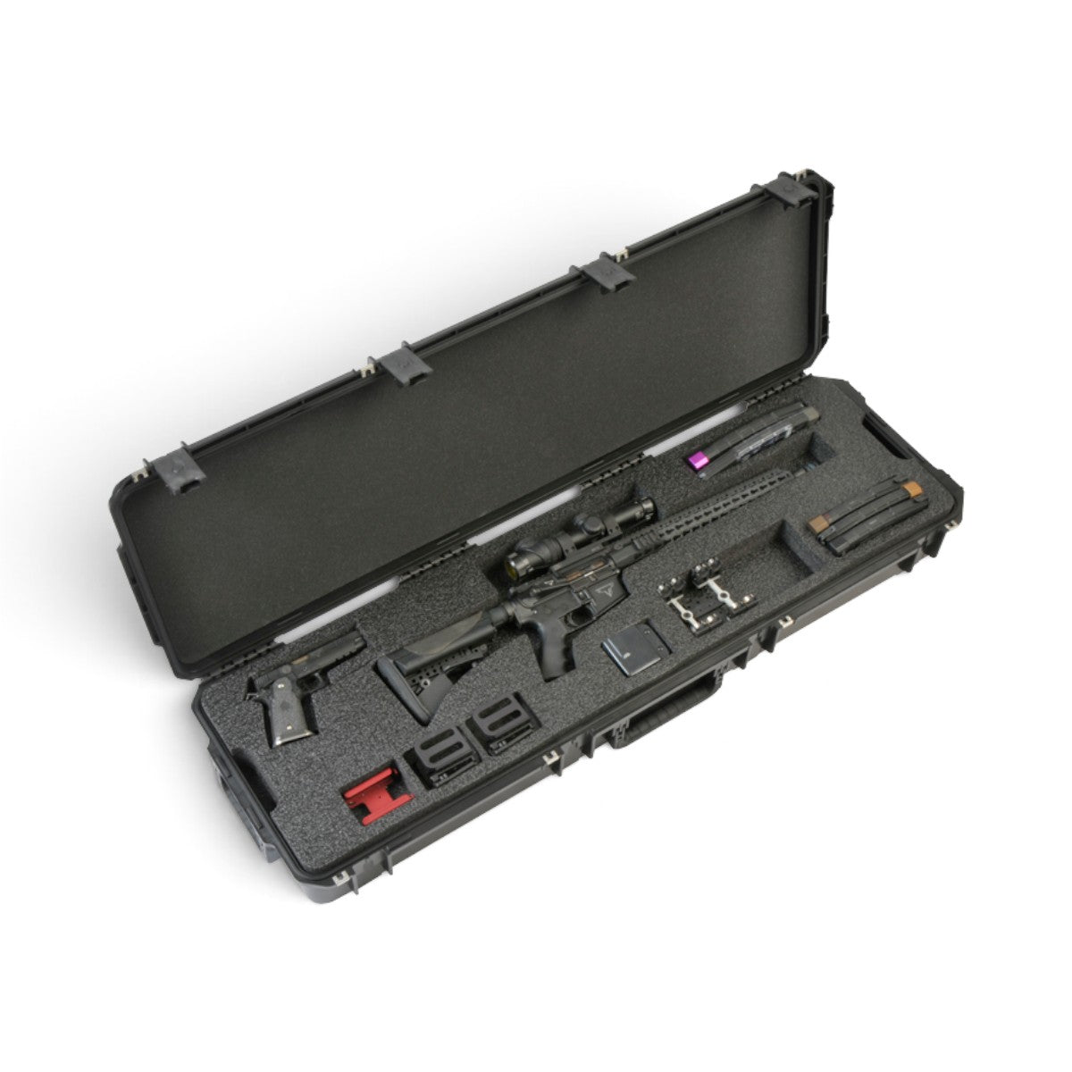SKB Cases iSeries 3-gun competition case with custom foam interior holding a rifle, pistol, and shooting accessories.
