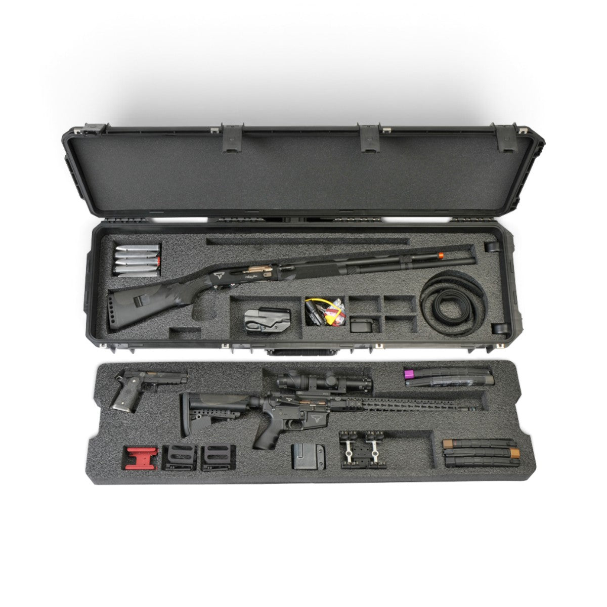 SKB Cases iSeries 3-gun competition case with custom foam insert holding a shotgun, rifle, and handgun.