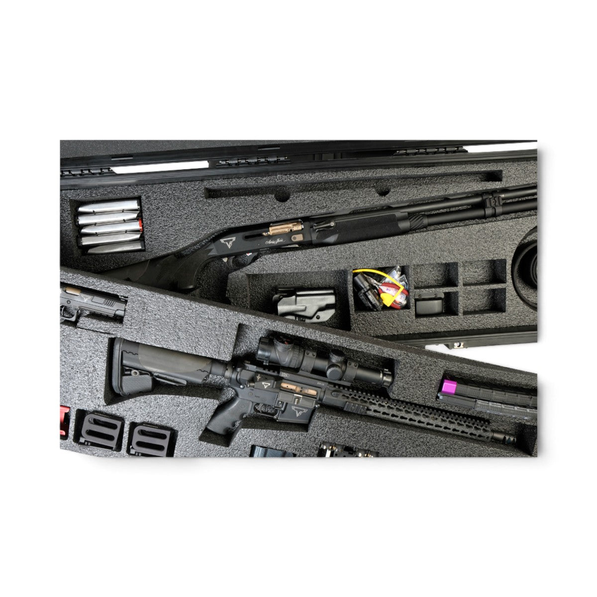 SKB Cases iSeries 3-gun competition case with custom foam interior holding a shotgun, rifle, and accessories.