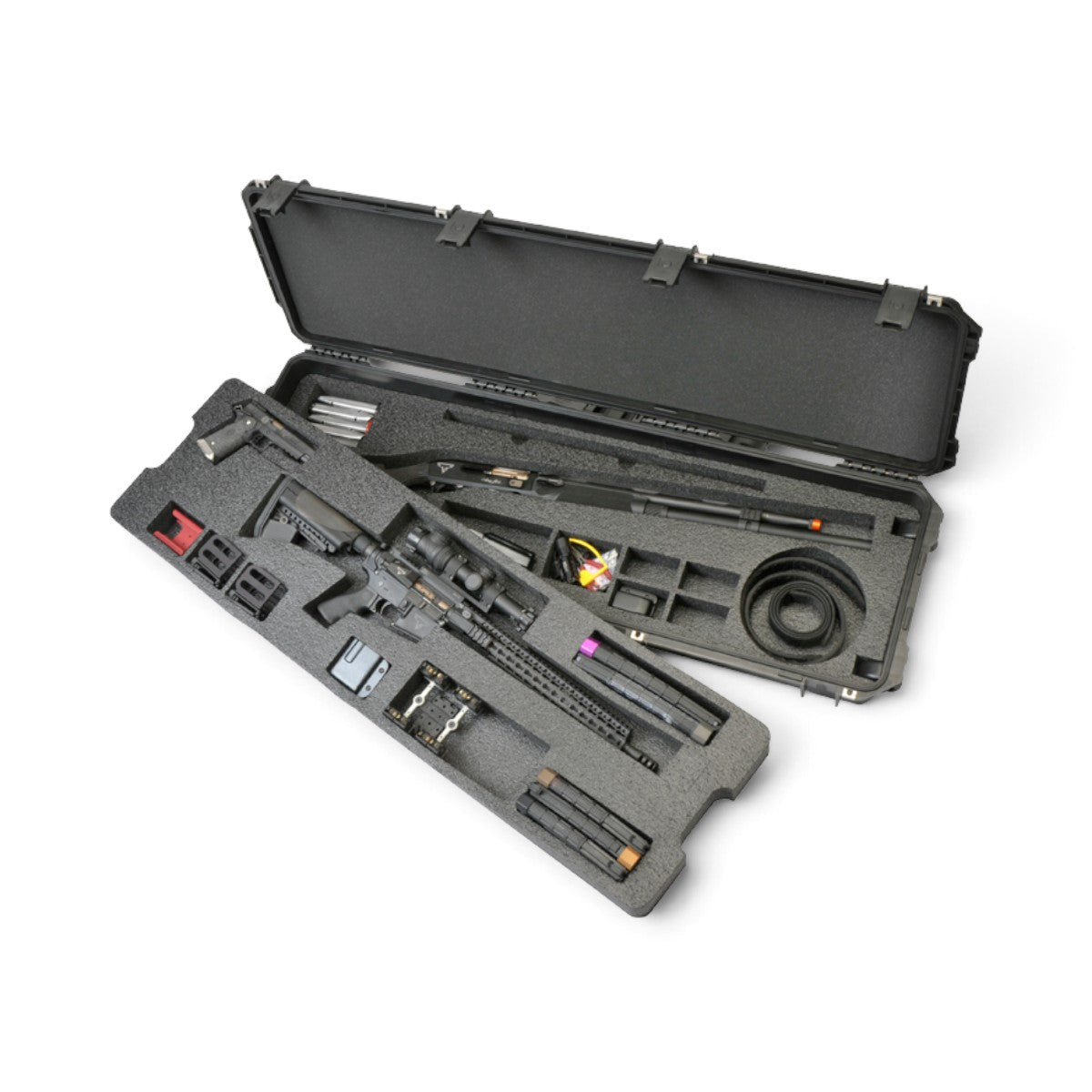 SKB Cases iSeries 3-gun competition case with custom foam insert holding rifles and accessories in a waterproof shell