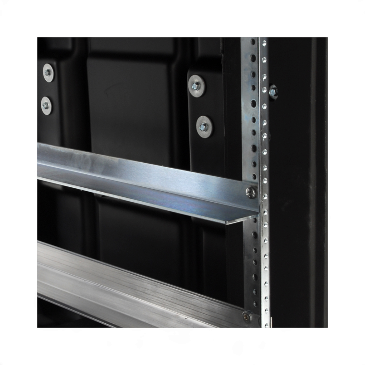 SKB Cases 30 inch zinc plated steel support rails installed inside a black shock rack for added weight capacity