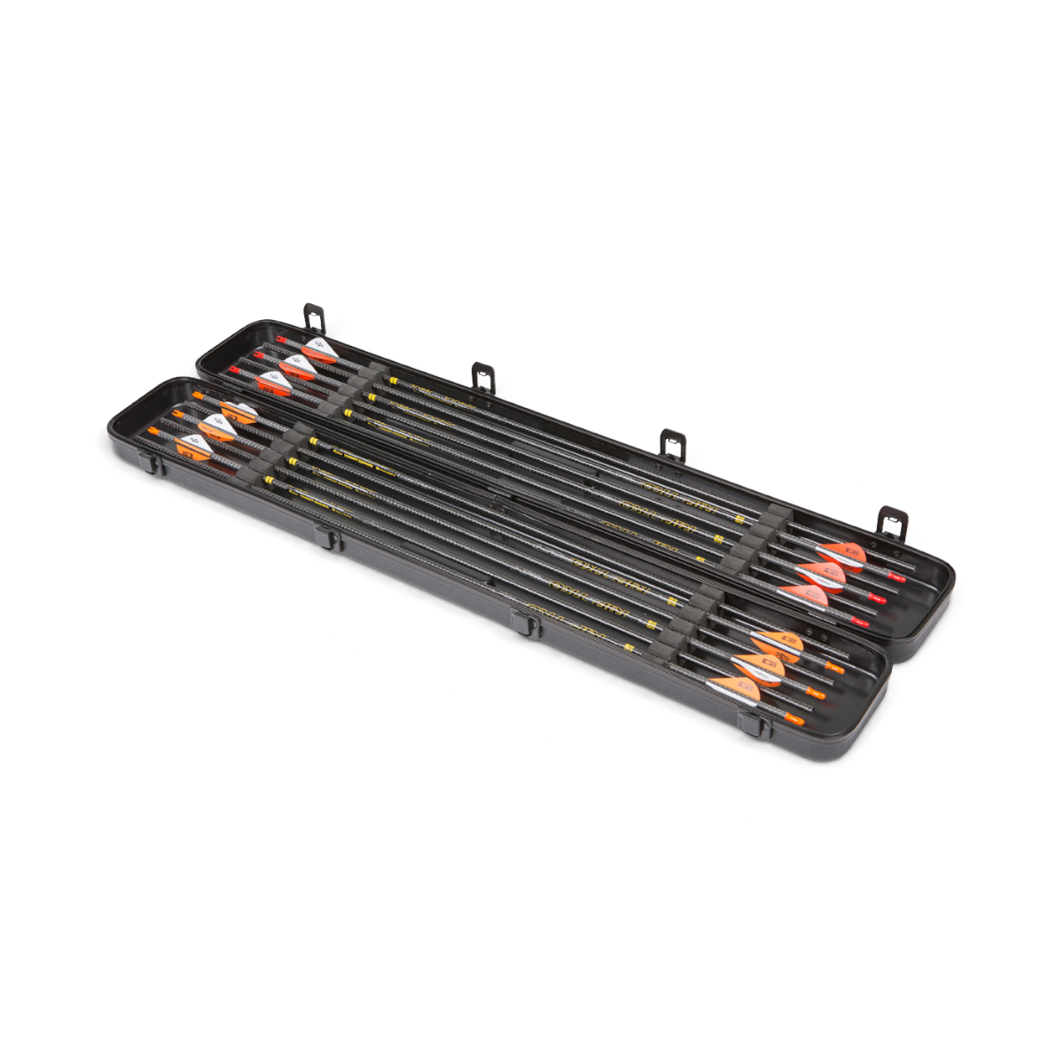SKB Cases 3304 arrow case in black, featuring high-density foam interior holding 12 arrows with orange fletching.