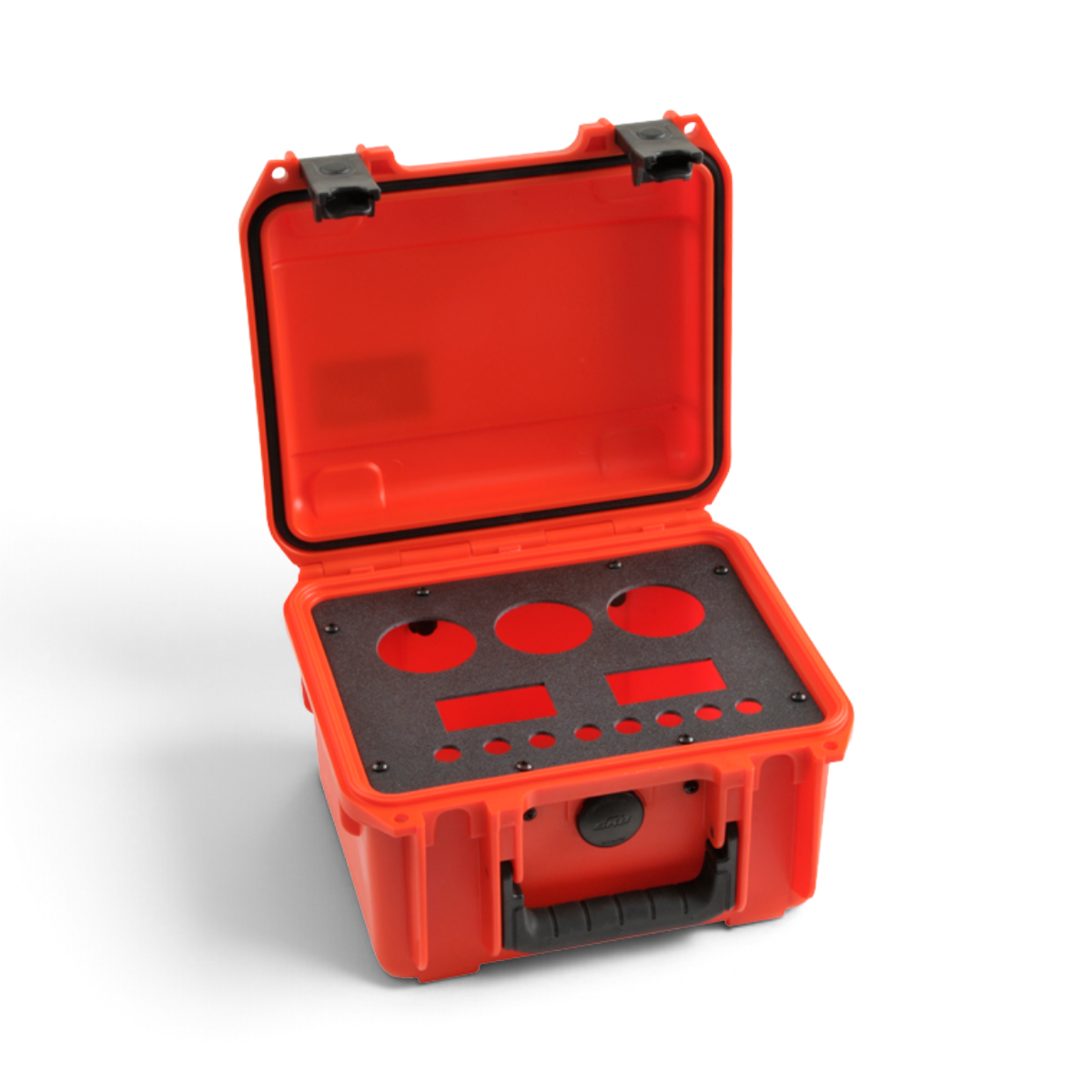 SKB Cases 3i Series Panel Mount Clip Kit installed in a bright orange protective hard case with a custom panel