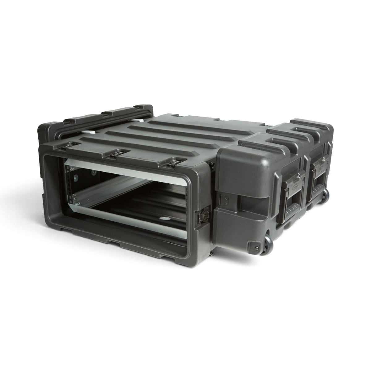 SKB Cases 3U 24-inch deep shock rack in black, featuring a rugged roto-molded shell with integrated transport wheels.