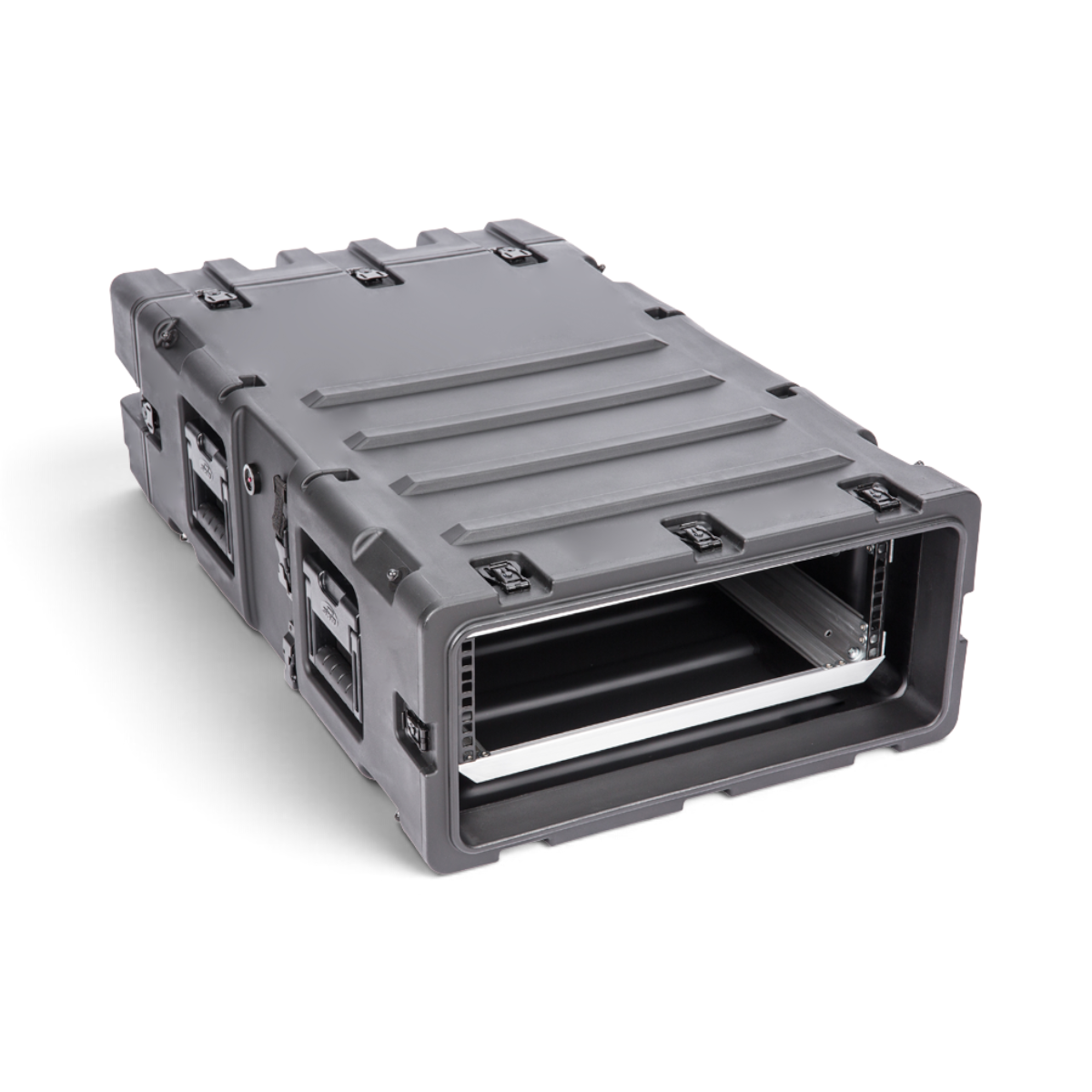 SKB Cases 3U 30-inch deep black shock rack with internal aluminum frame and recessed handles for equipment protection.