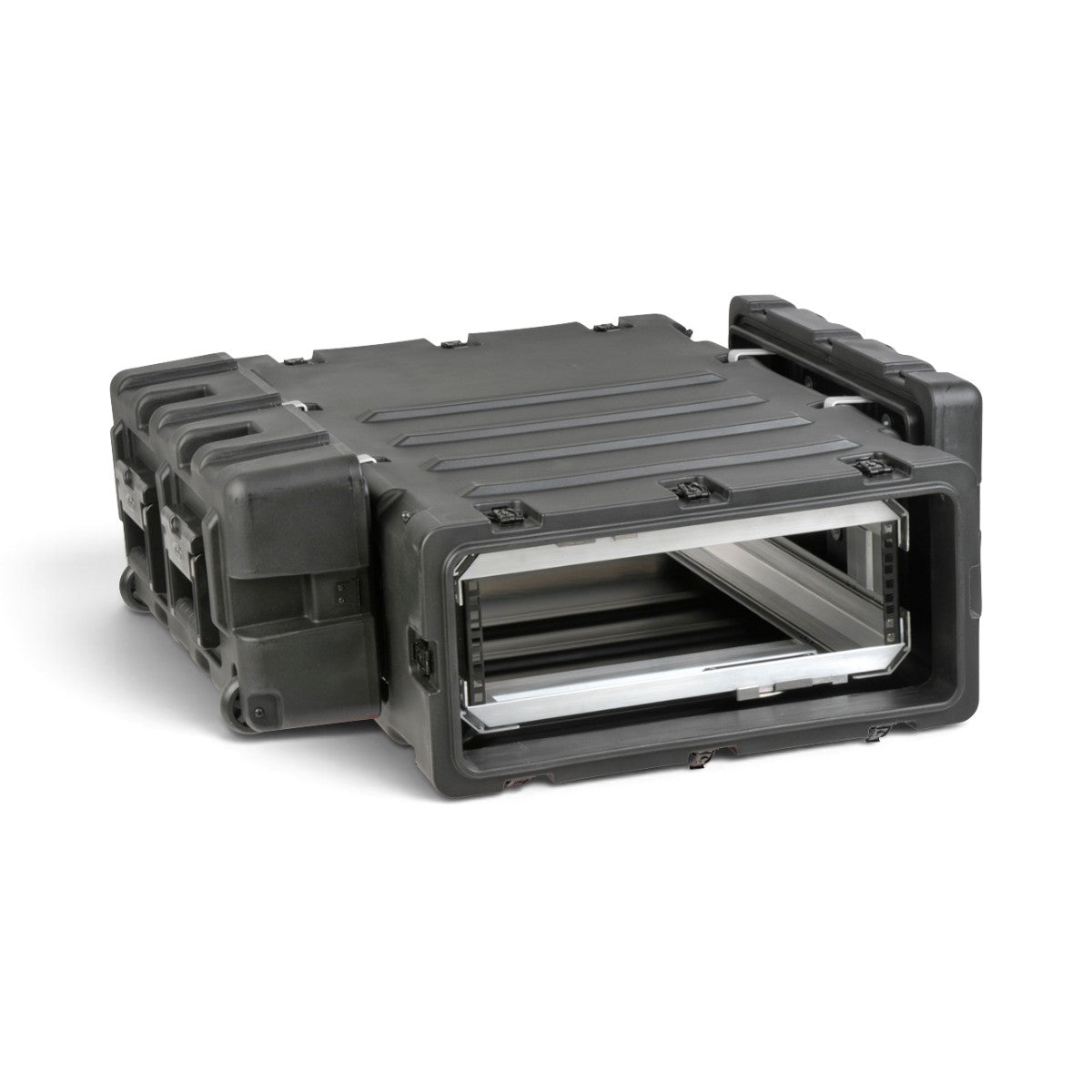 SKB Cases 3U 30-inch deep shock rack with a black roto-molded shell and removable internal equipment chassis.