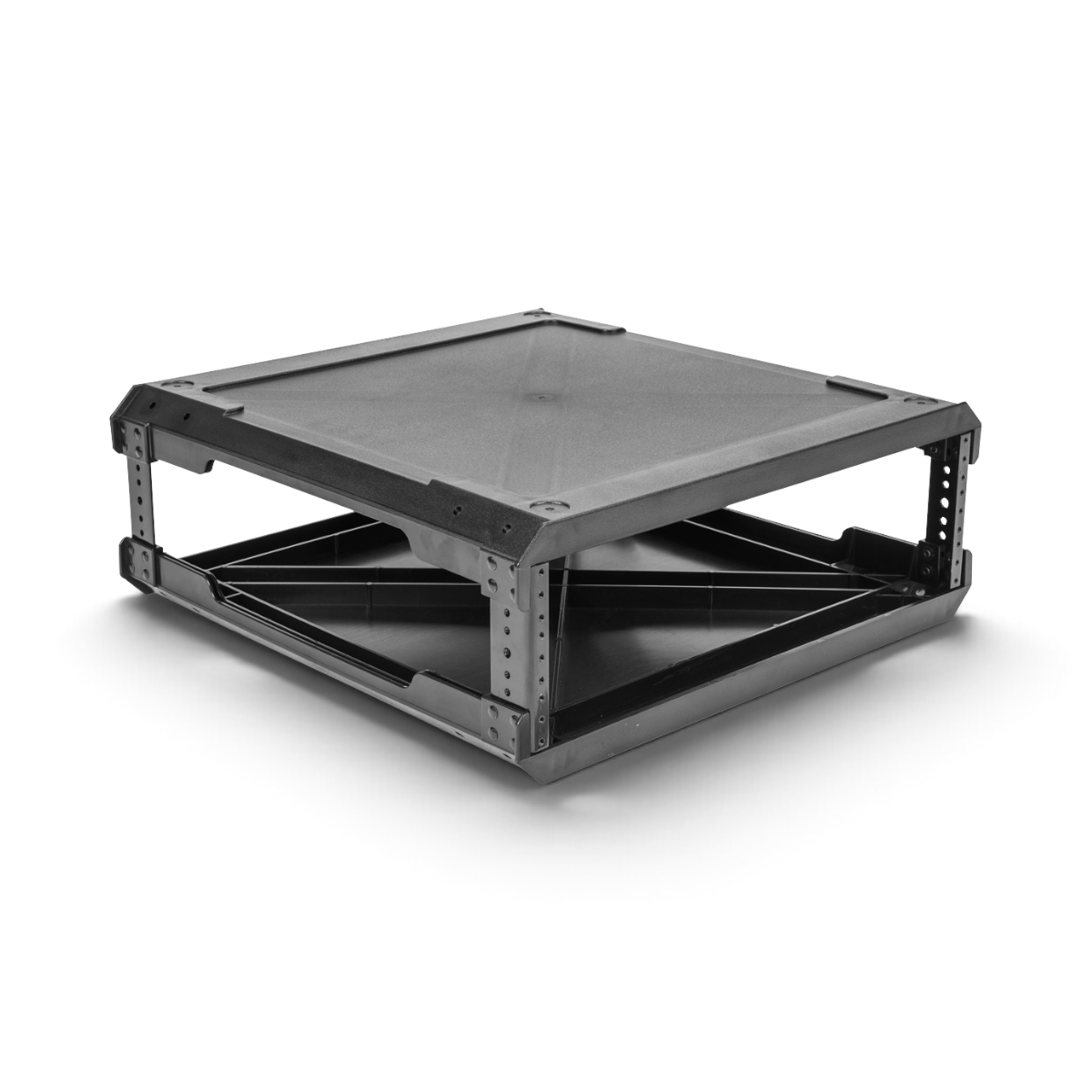 SKB Cases 3U injection molded 20-inch deep internal rack frame with threaded steel rails for modular equipment storage.