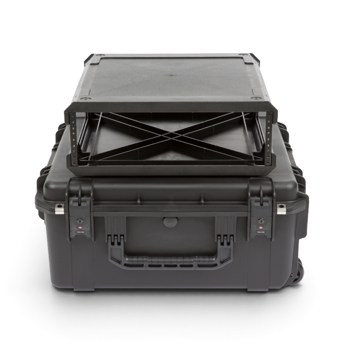 SKB Cases 3U iSeries injection molded waterproof fly rack with removable black rack frame and TSA locking latches.