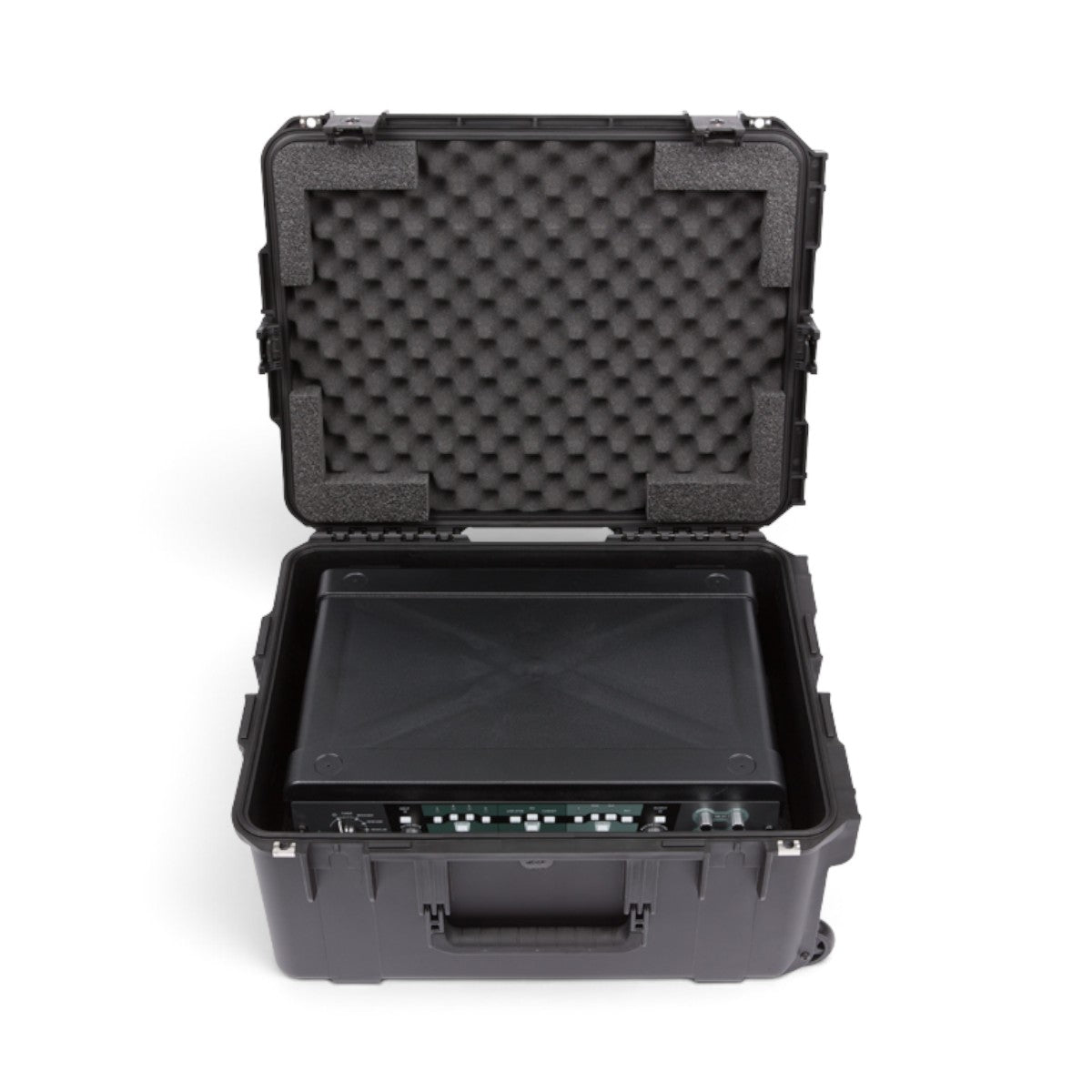 SKB Cases 3U iSeries injection molded fly rack with protective foam interior and equipment mounted inside