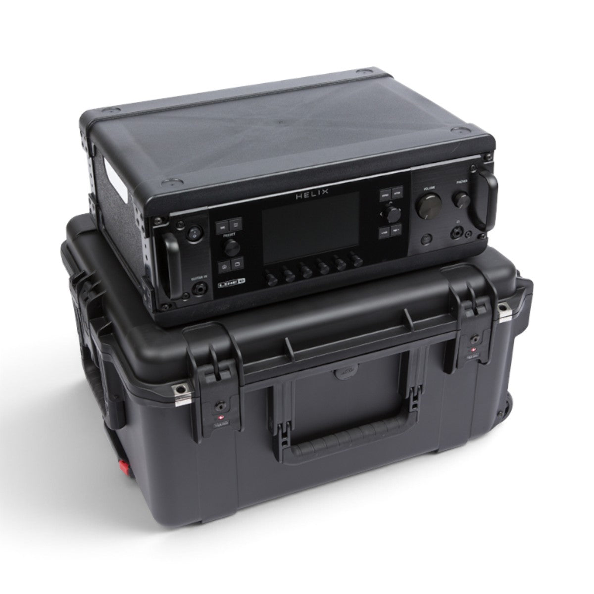 SKB Cases 3U iSeries injection molded fly rack with a black Helix audio processor mounted inside