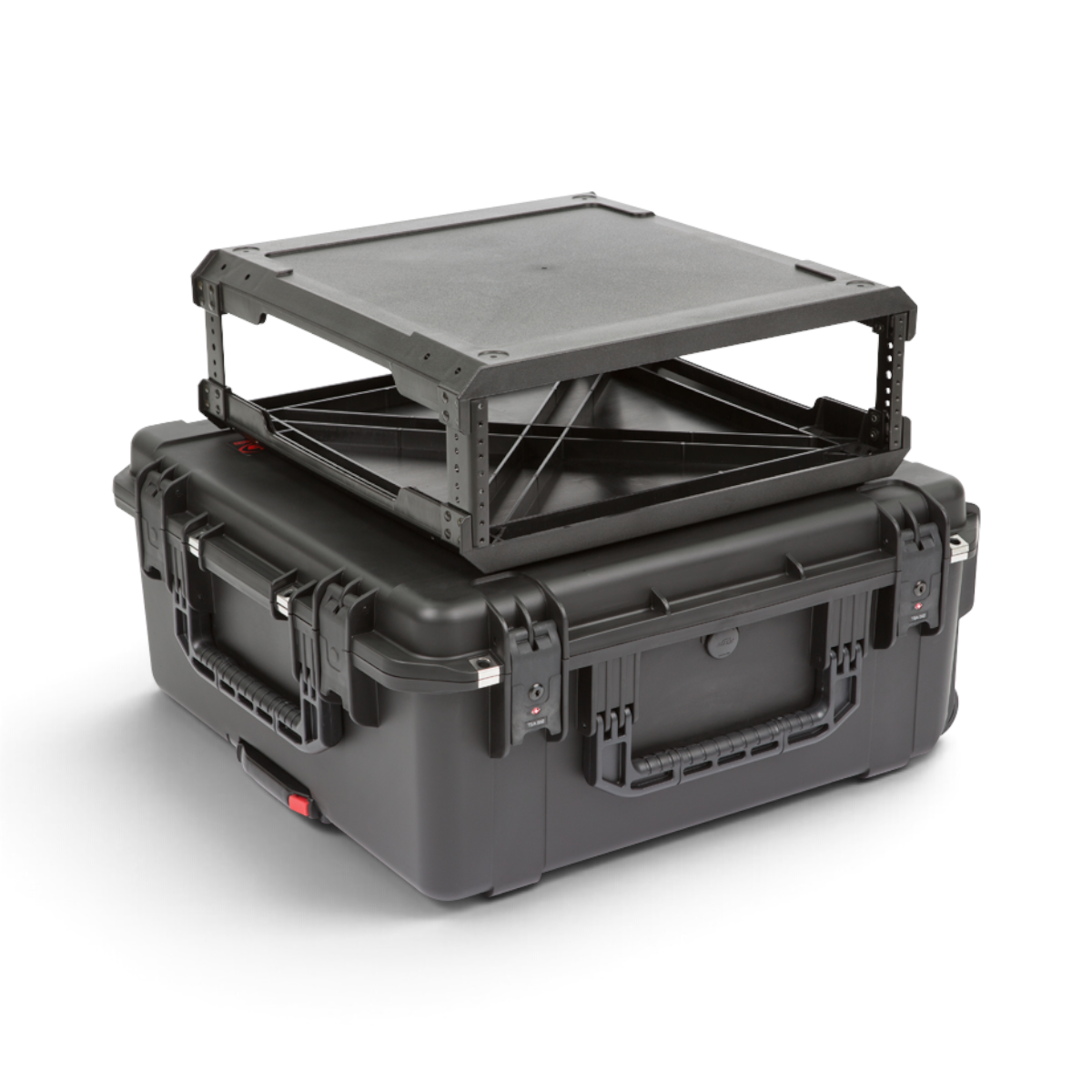 SKB Cases 3U iSeries injection molded waterproof fly rack with removable rack frame on top of a black equipment case.